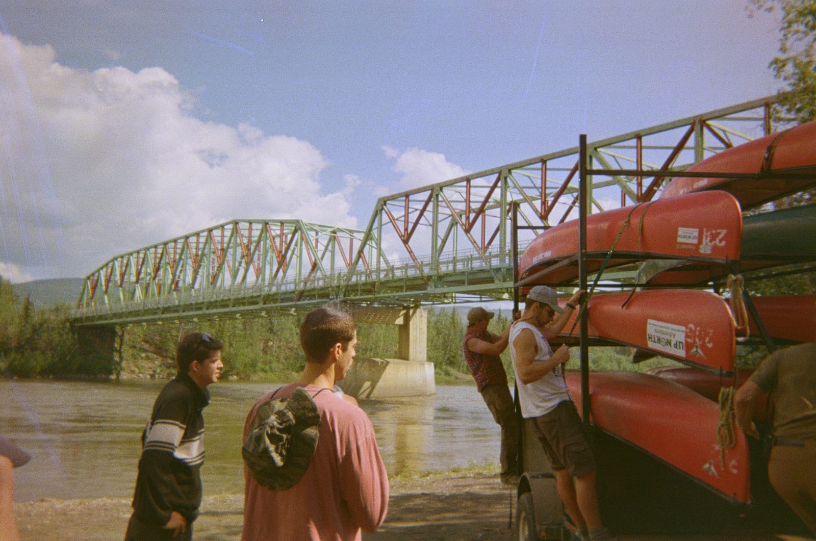 Canoes packed at the Pelly River put-in near Faro Yukon