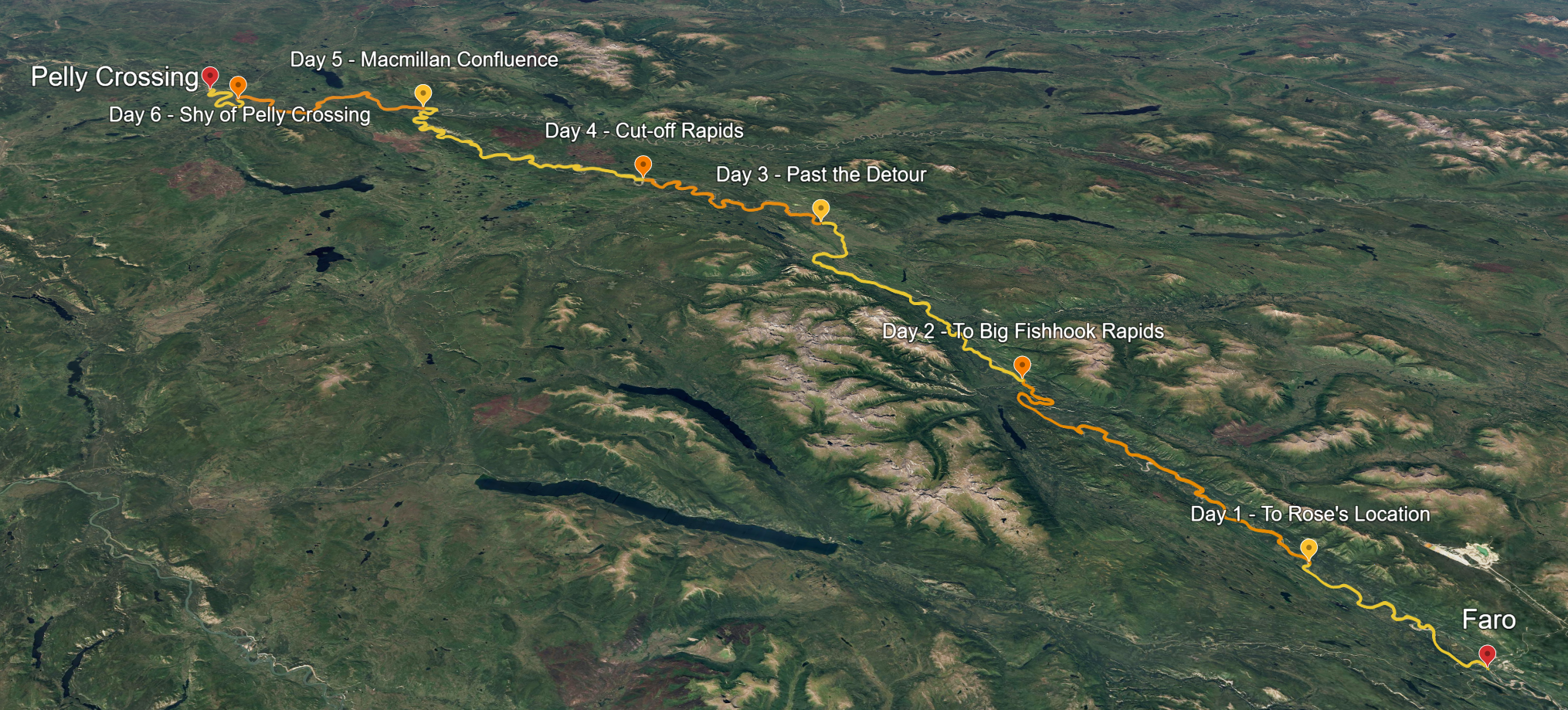 Google Earth overview of the Pelly River canoe route